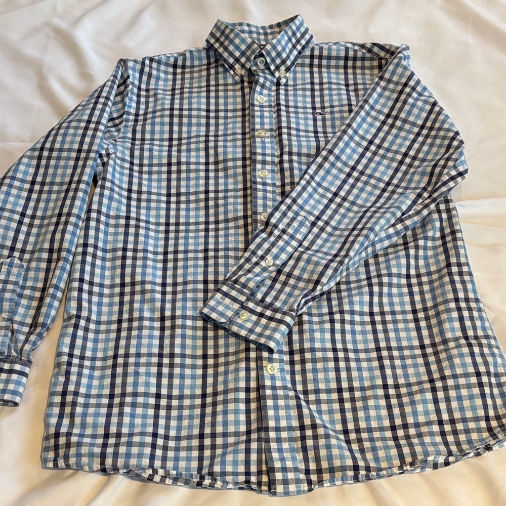 Vineyard Vines Blue and White Boys Plaid Button-Down Shirt